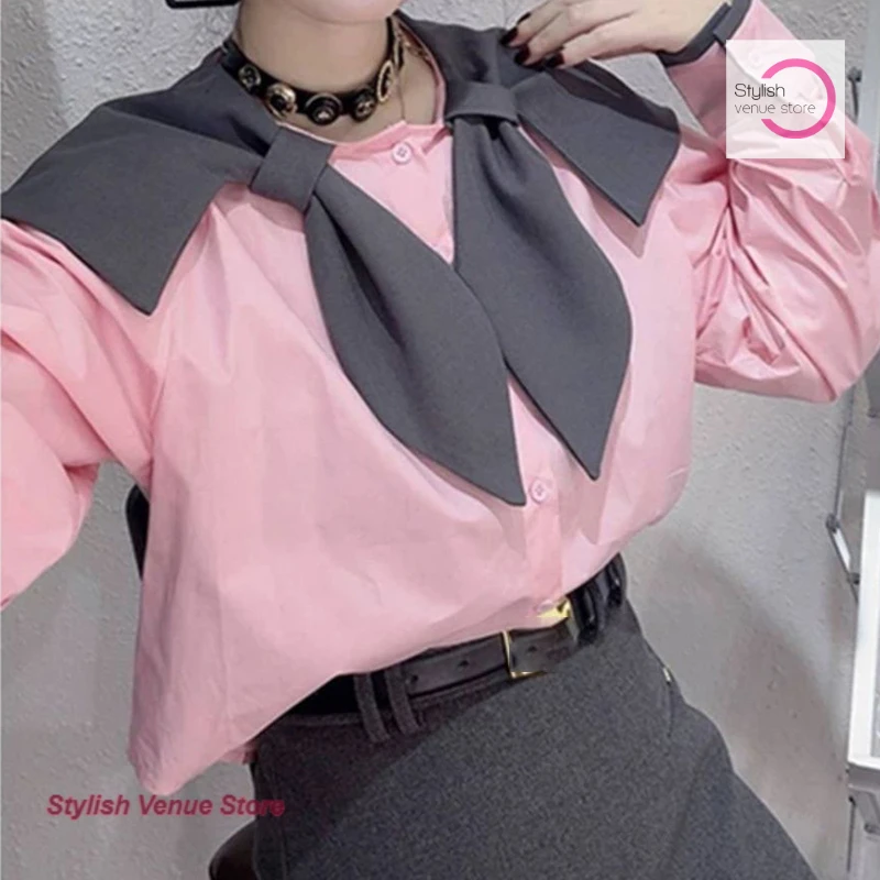 

Korean contrast shawl pink single-breasted shirt women's spring and autumn new high-grade luxury casual long-sleeved shirt