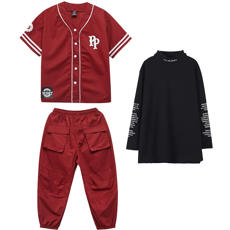 Kids Ballroom Hip Hop Dance Costumes Burgundy Shirt Cargo Pant Black Base Layers Girls Streetwear Boys Jazz Dance Rave Clothes