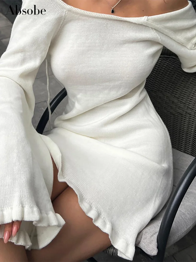 Absobe gestrickt aus geschnitten Mini kleid mit offenem Rücken Frauen Neck holder Schnürung Langarm schlank vielseitig Top Hottie Herbst lässig Streetwear