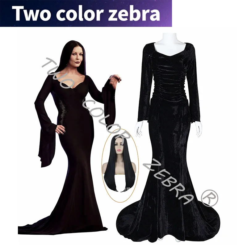 

Disfraz de Cosplay de Morticia para mujer, peluca negra Sexy ajustada, vestido de noche de fiesta para Halloween y Carnaval Cos