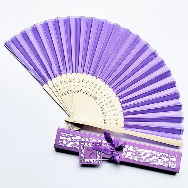 Custom luxury silk folding hand fan, elegant laser cut gift box + party gift / + print wedding gift, 20 pieces per batch