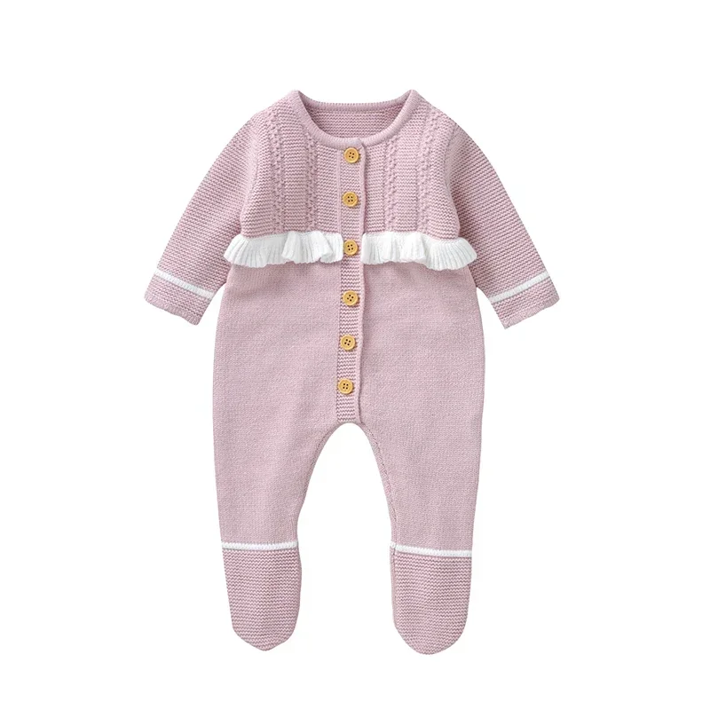 Newborn Infant Pink Outwear Jumpsuits Playsuits Knit Children Outfits 0-18m Casual Long Sleeves Baby Girls Rompers Clothes 0-18m