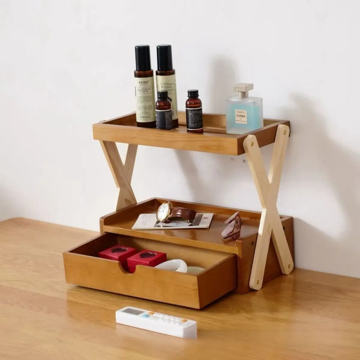 Wooden 2-Tier Desktop Storage Drawer With Tray X-Shaped Bracket Multifunctional Cosmetic Jewelry Organizer For Home Vanity