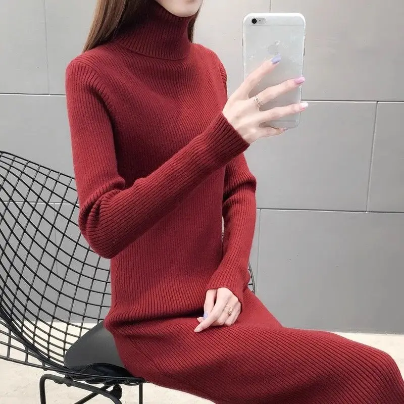 2024 New Autumn Winter Women Knitted Dresses Slim Elegant turtleneck Stretch Long-sleeved Sexy Bottoming Knit Pencil Dress