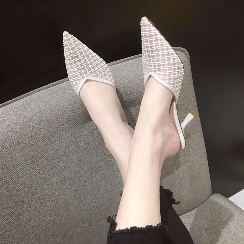 Mesh Slippers Women New Summer Shoes Women Fashion Knitted Elastic Pointed Slides Spike Heels Beige Mules Shoes High Heels