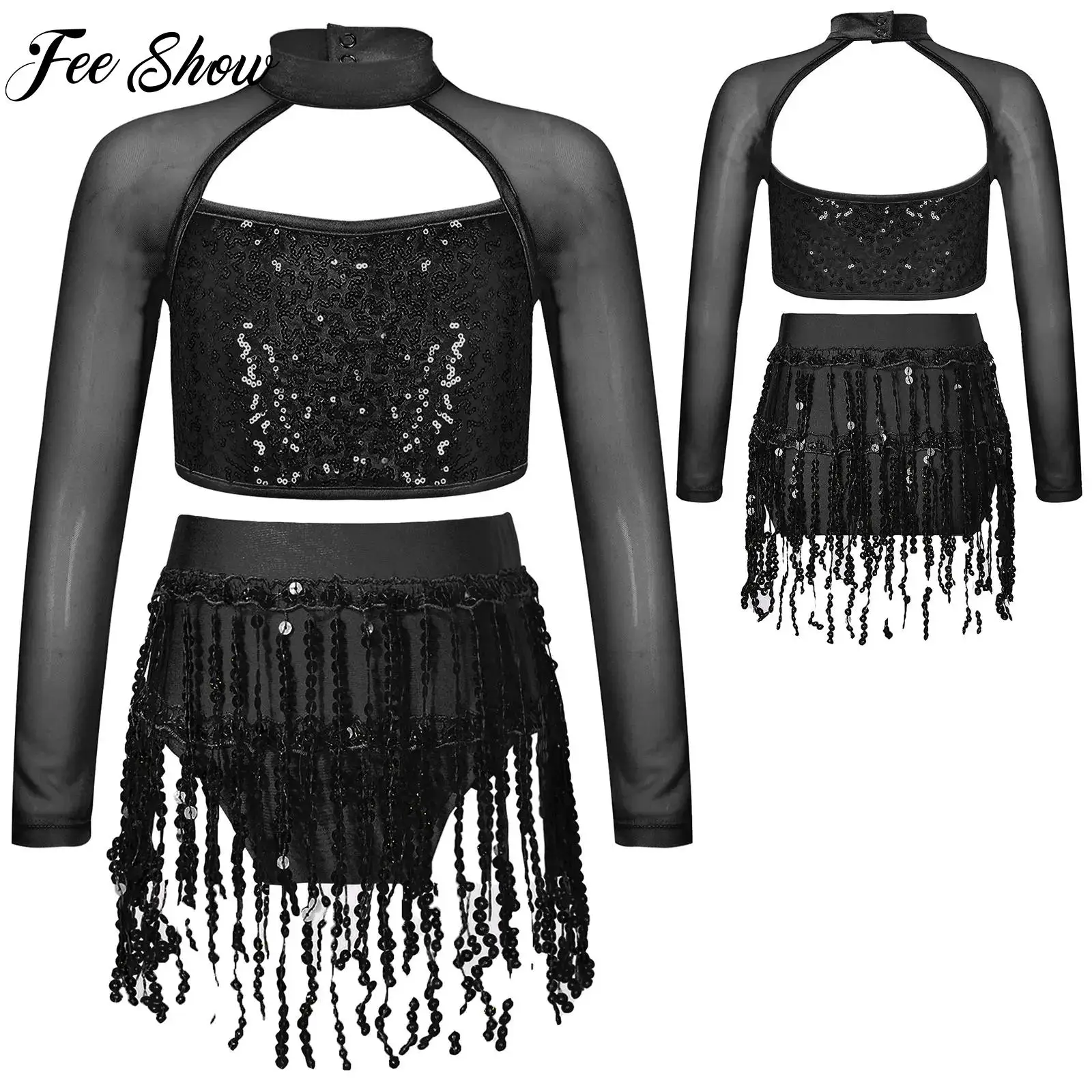 

2 Pcs Girls Latin Dance Performance Outfits Sheer Mesh Long Sleeve Cutout Shiny Sequins Crop Top with Sequins Tassel Briefs Sets
