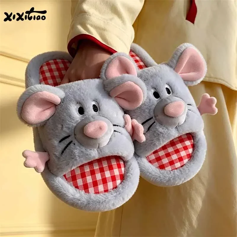 Women Fashion Warm Mouse-style XIXITIAO Winter Cartoon Cotton Slippers Men   Flat Plush Indoor Shoes Furry Home Open-toed Slides