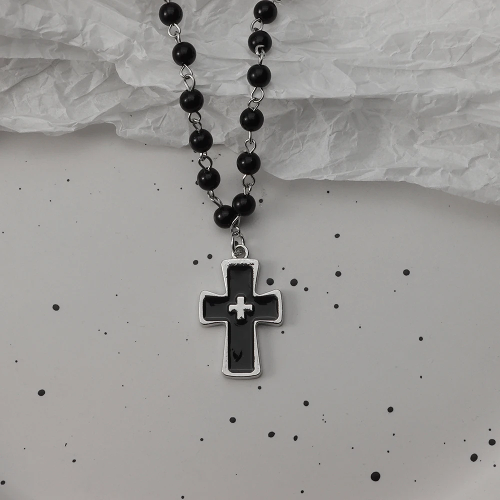Gotische Vleermuis Kruis Donkere Hanger Ketting Set, Y2K Gepersonaliseerde Doorn Liefde Zwarte Kraal Gestapelde Ketting Set, Geschikt als Halloween G