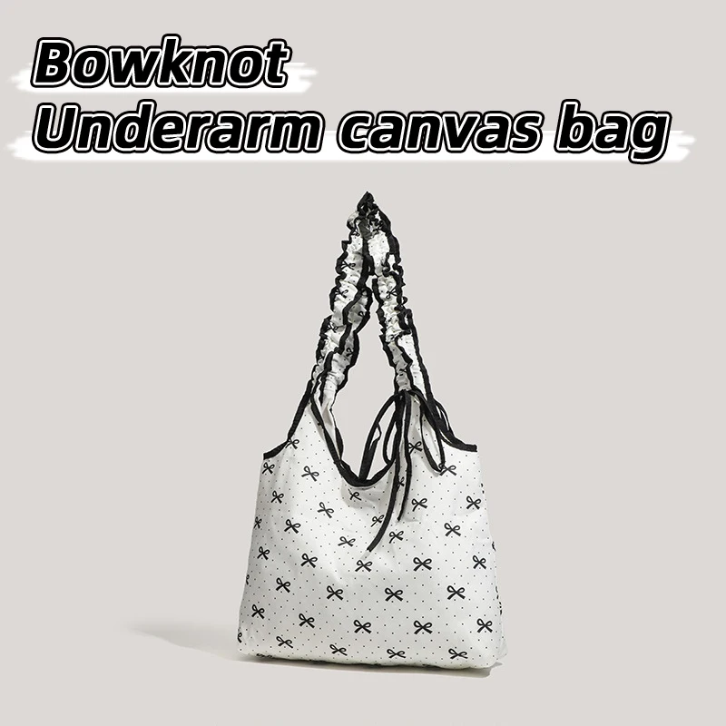 

Холщовая сумка под мышками с бантом, милая сумка через плечо, пригородная сумка большой вместимости, плиссированная сумка на шнурке в горошек