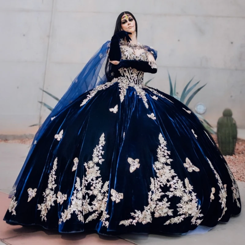 

Navy Blue Quinceanera Dresses Ball Gown Off The Shoulder Gold Applique Bow Beading Crystal With Cape Sweet 16 Dress Vestidos De