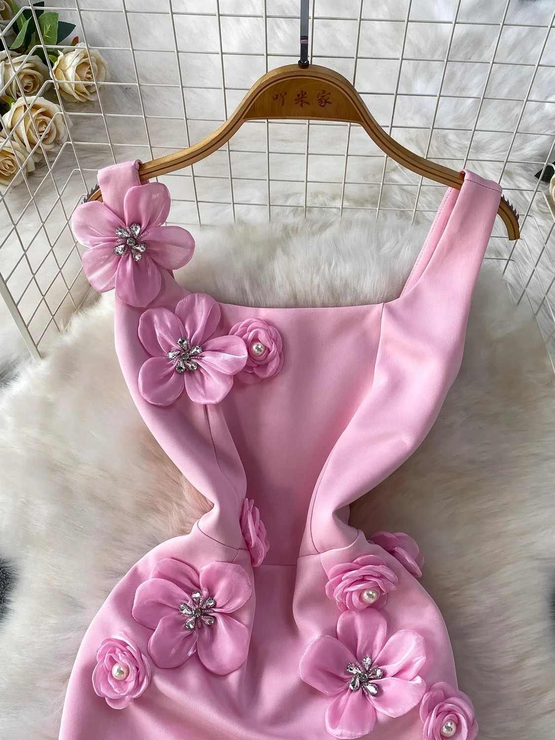 Abito da festa con perline da donna primavera estate elegante colletto quadrato fiore 3D vita alta maxi abiti femminili abito rosso/rosa/bianco