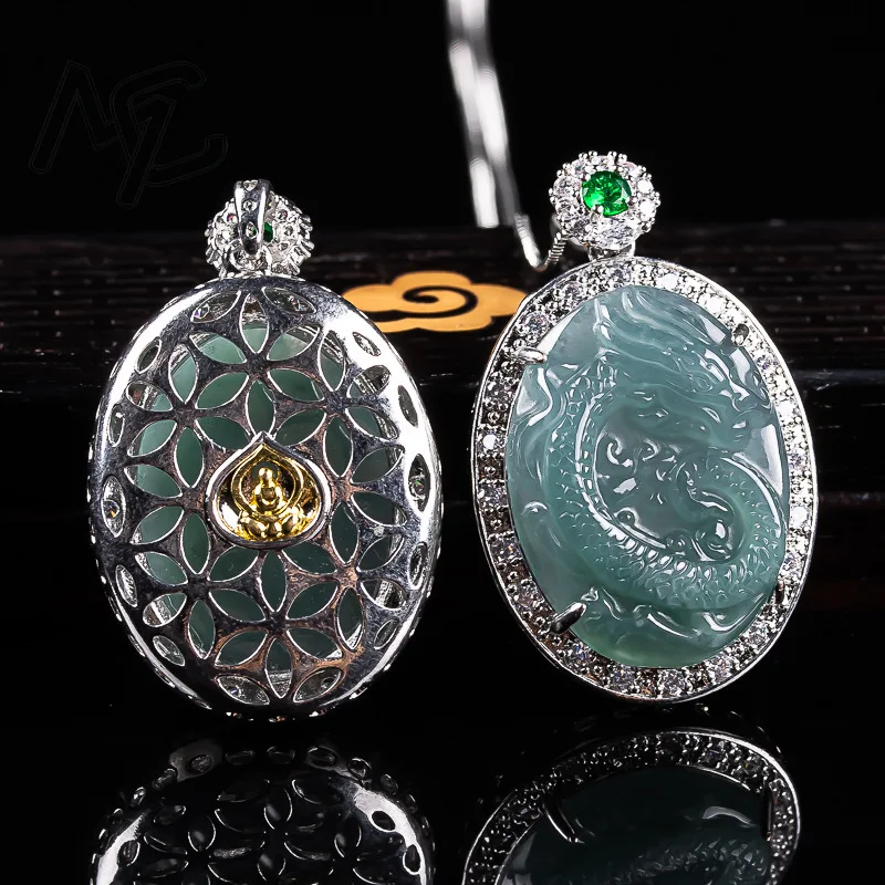 925 prata birmanês esmeralda jade azul água gelo semente dragão pingente jadeite amuletos moda jóias naturais presentes para homens
