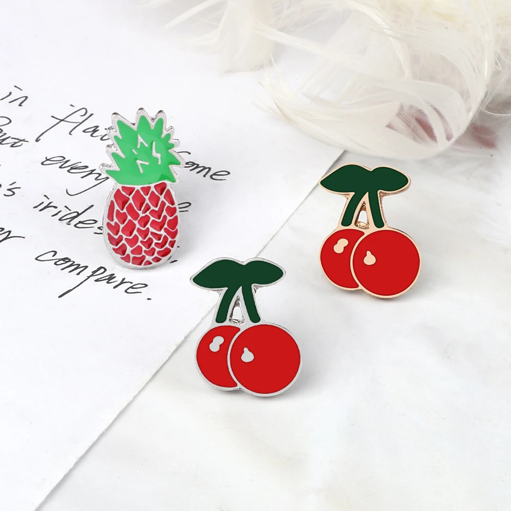 Sweet Cherry Pins Badges Cute Red Pineapple Fruit Enamel Brooches Clothes Lapel Metal Pin Bag Cartoon Icon Jewelry Gift for Kids