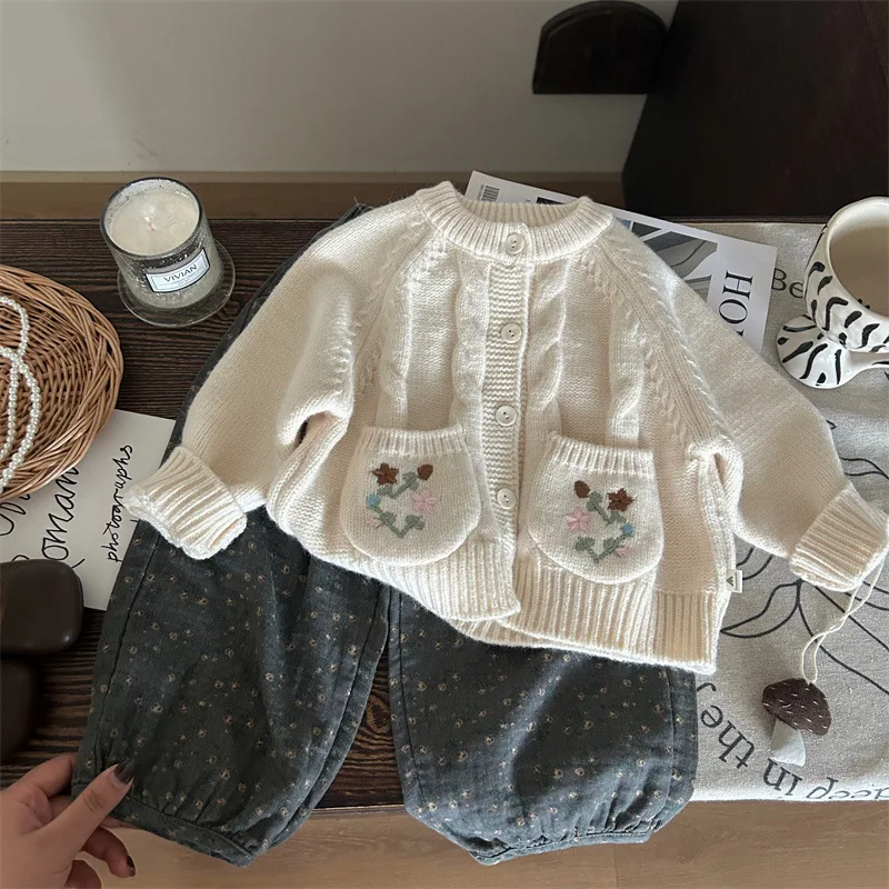 Girls Suits 2024 Autumn New Childrens Wear Girls Baby Knitted Cardigan Sweater Coat Floral Bloomers Two-piece Set Simple Daily