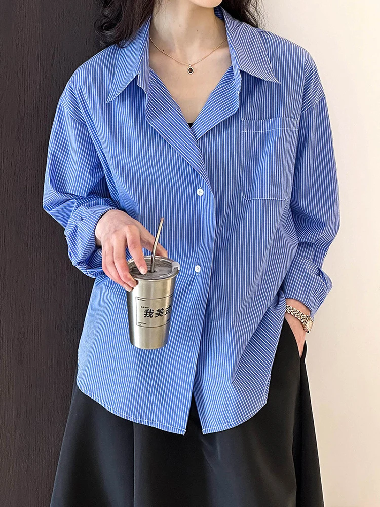 [LANMREM] Striped Loose Shirts For Women Lapel Single Breasted Office Lady Female Blouses Fashion 2024 Autumn New 26D8937