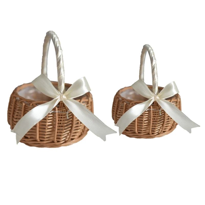 2 Pcs Woven Flower Basket Rattan Storage Basket Flower Girl Hand Basket Handmade Flower Basket With Bow, L & S