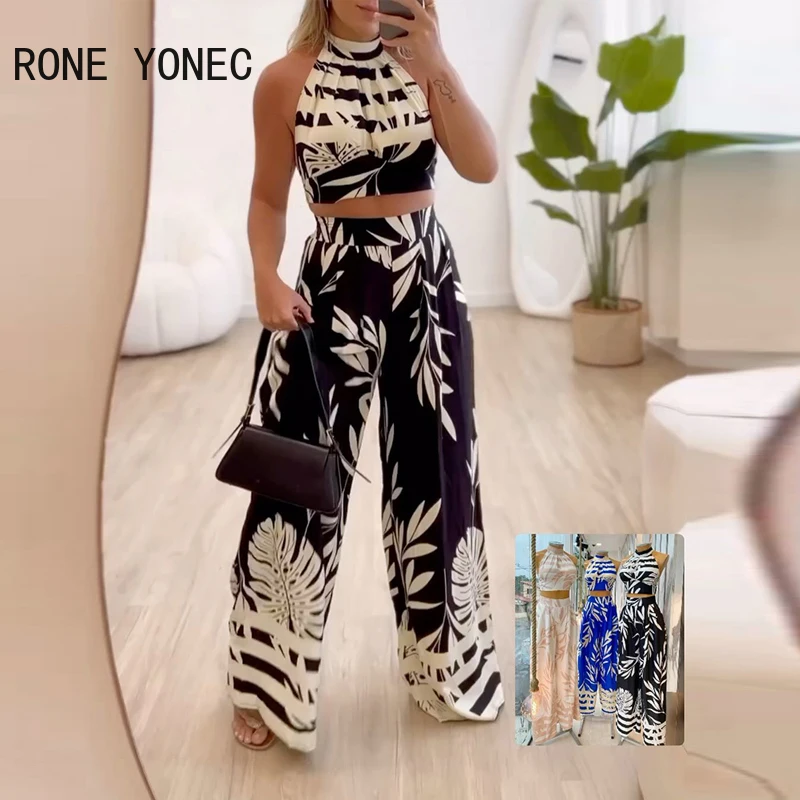 Women Halter Allover Print Sleeveless Crop Top & Wide Leg Pants Two Pieces Vacation Pants Sets