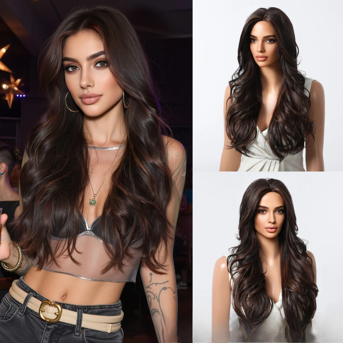 

Hot-selling medium points, no bangs highlights, black and brown long curly hair, fashionable temperament, natural wig, women's f