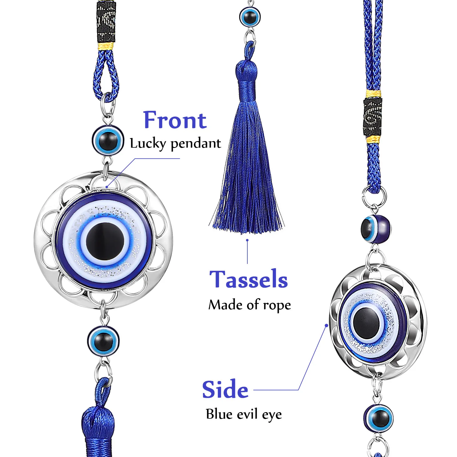 

6Pcs Evil Eye Protection Ornaments Round Heart Tassel Charms for Car Mirror Wall Home Office Bag Hanging Decoration Accessory
