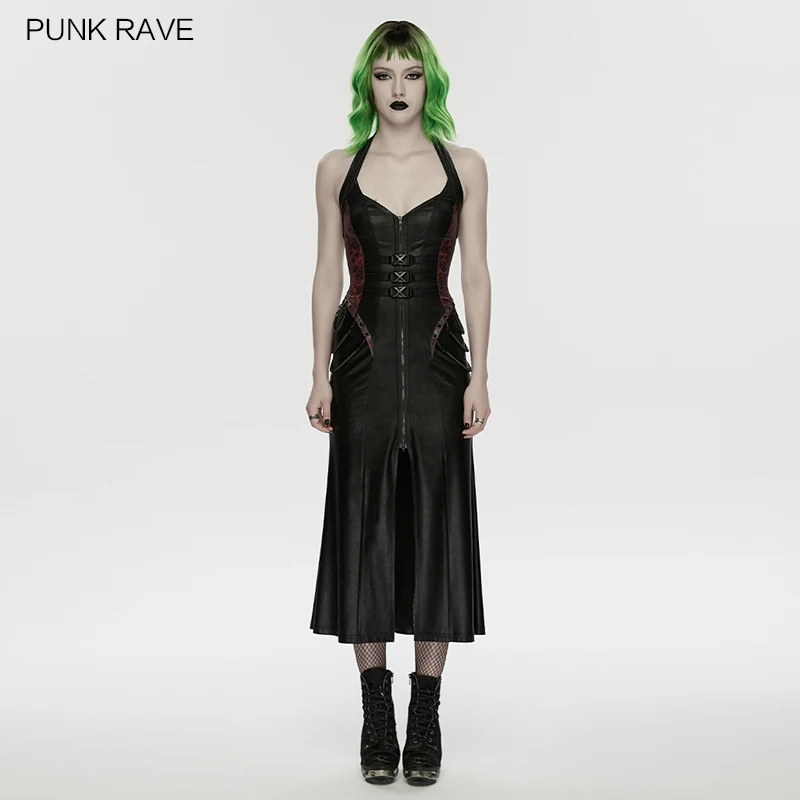 PUNK RAVE Women's Cyberpunk Imitation Leather Dress Personalized Waist Cinching Buckle Adjustable Split Height Sexy Dresses