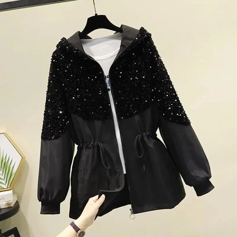 Pop Women'S Coat Spring Autumn 2025 New Sequins Stitching Waist Drawstring Hooded Windbreaker Femmale Hooded Trench Jacket