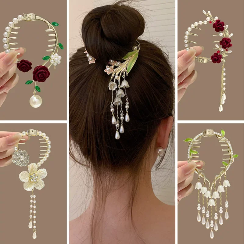 

Women Girls 2026 New Headwear Flower Pearls Tassels Female Hair Claw Decorate Party Ladies Hair Accessories Curling Clips