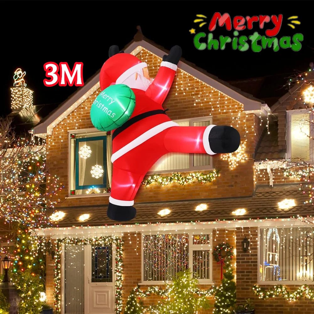 Papá Noel inflable feliz colgante de 10 pies con bolsa de regalo, 5 luces LED integradas, para ventanas interiores y exteriores, balcones, decoraciones de césped