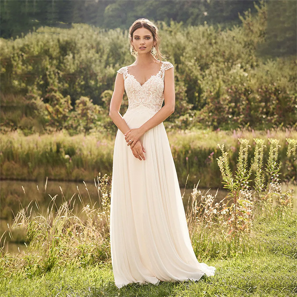 Wedding Dresses A-line V-neck Lace Backless Country Style Beach Wedding Dresses for Birthday Wedding Party