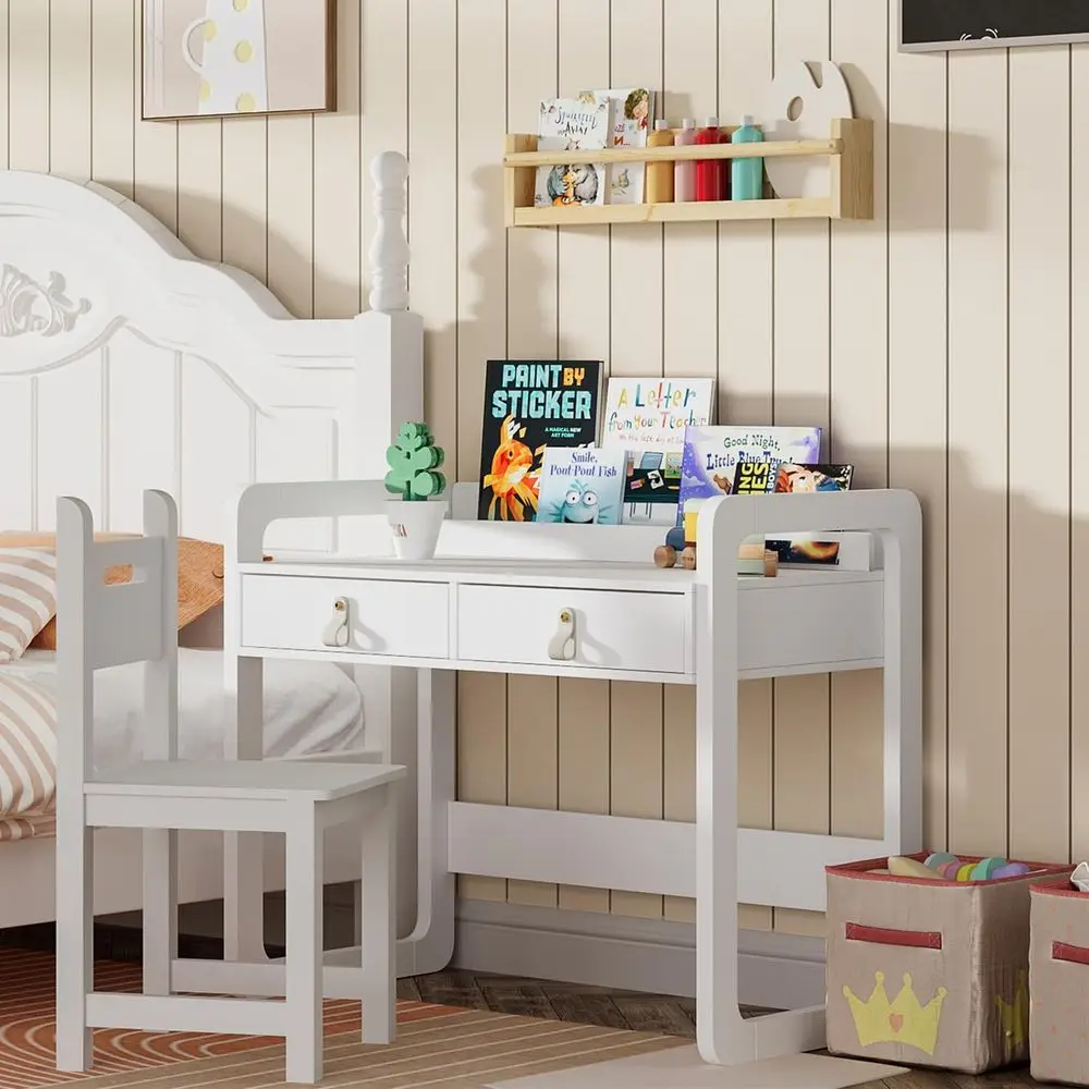 White Wooden Kids Study Desk with Drawers, Children's Writing Table Set for School and Home