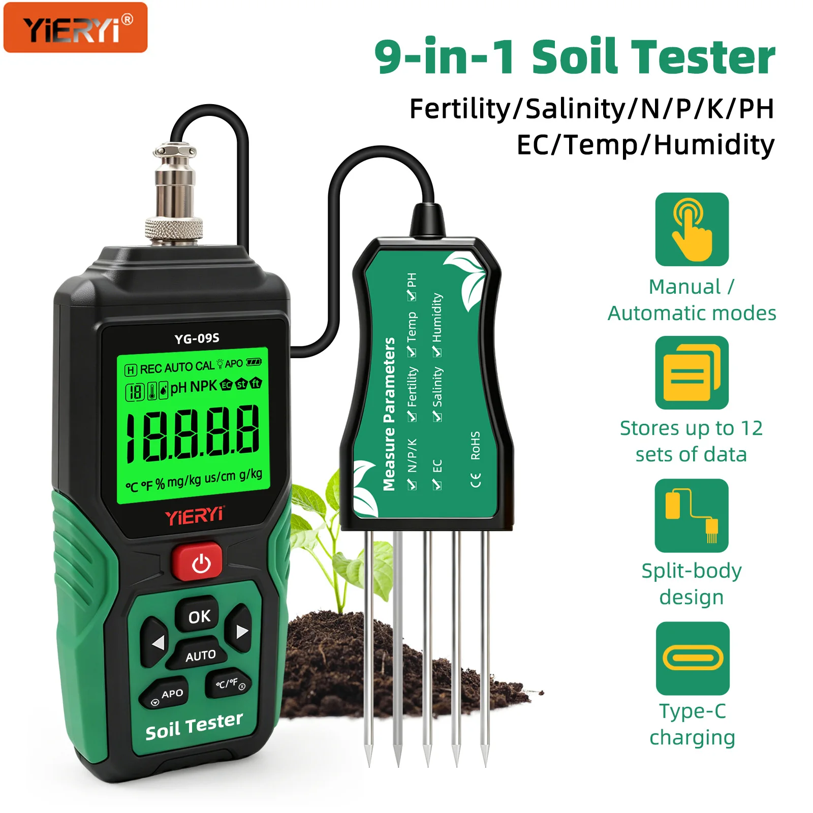 YIERYI 9 in 1 Soil Tester Digital NPK Sensor PH EC Meter Temperature Moisture Salinity Fertility Detector Analyzer for Garden