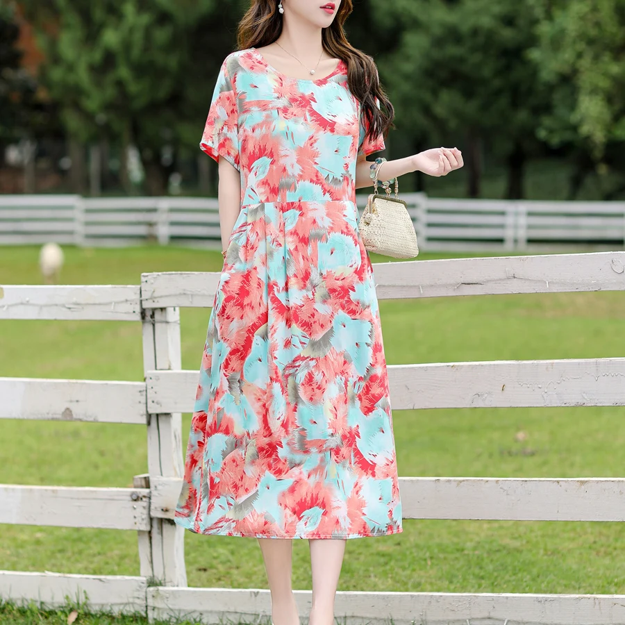 New 2024 Summer Dress Long Vintage Loose Women Elegant Sundress Short Sleeve Dress Casual O-neck Dresses Print Plus Size