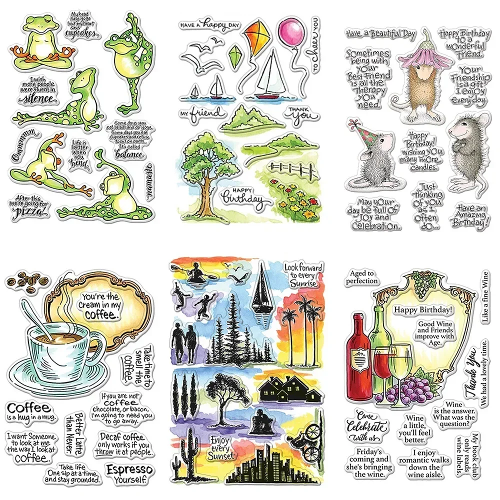 Niedliche Frosch-Maus-Tiere, schöne Landschaft, transparente Stempel, Kaffee- und Weinflaschenstempel für DIY, Scrapbooking, Dekoration, Kartenherstellung, Basteln