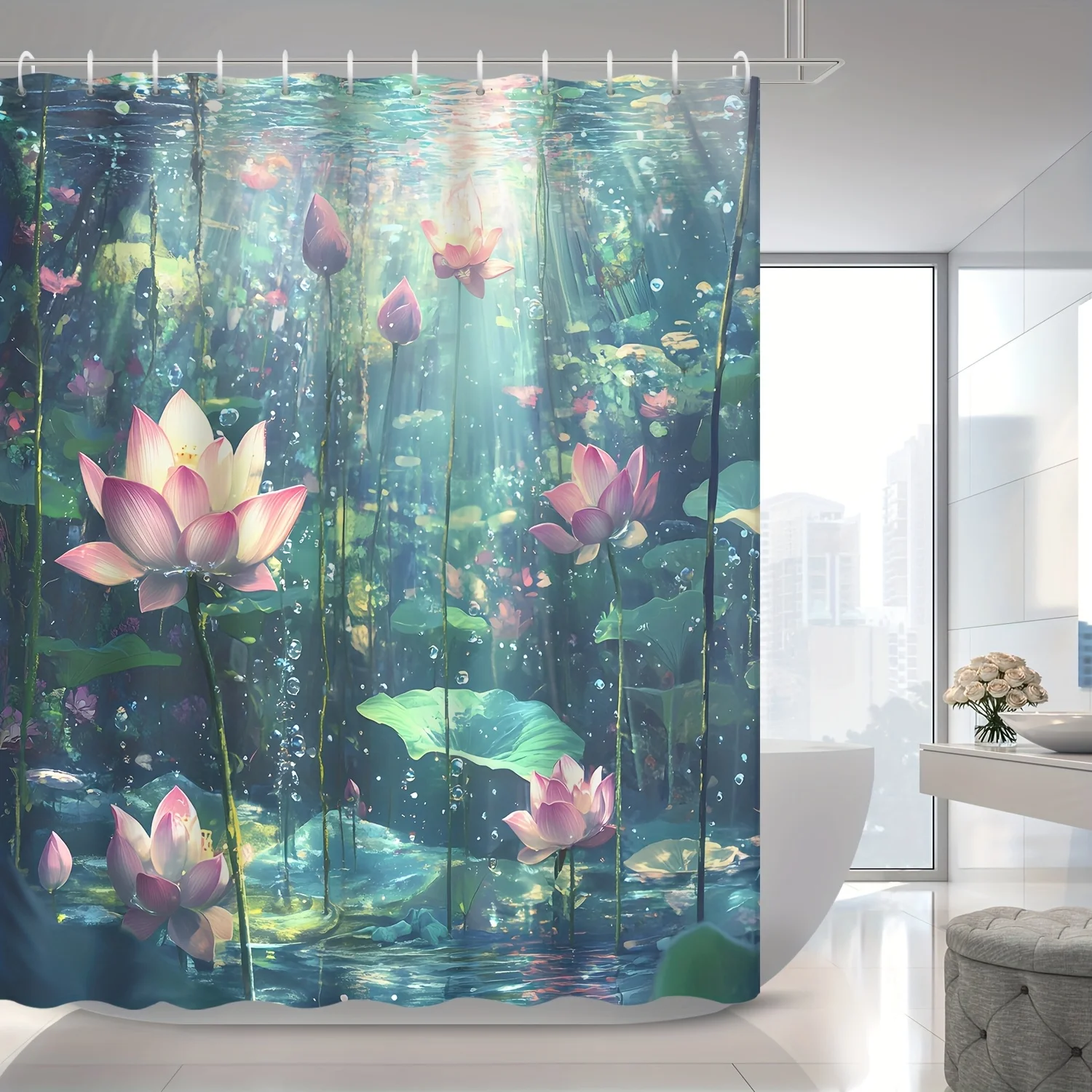 

1 шт., занавеска для душа Zen Life Pink, White Lotus Lake View, занавеска для перегородки, содержит 12 крючков, занавеска для душа, украшение для ванной комнаты,