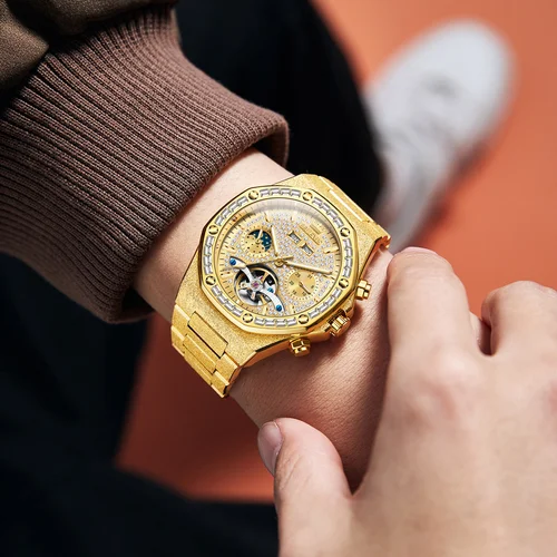 Imagen 2 del producto OLEVS relojes de acero dorado para Hombre, Reloj mecánico automático de lujo de marca superior, Reloj de pulsera deportivo Tourbillon resistente al agua, Reloj para Hombre