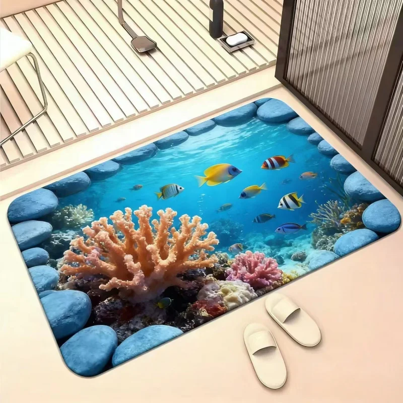 

3D Visual Pond Fish Floor Mat Water-Absorbing Bathroom Toilet Creative Entrance Foot Mat for Household Decor