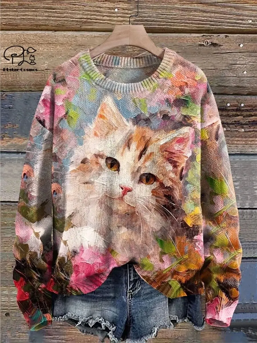 Men's Winter Warm Sweater Christmas Flower Series Cute Cat 3D Printed Ugly Sweater Neutral Street Casual Sports Sweater K0195