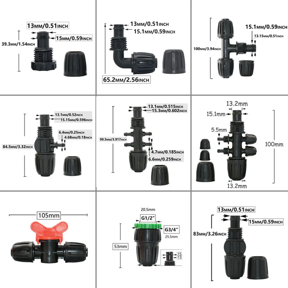 16mm PE Tube Barb Connecters 1/2 To 1/4 inch Reduced Fittings Tee Elbow End Plug ​Fittings Tap Hose Coupling Lock Nut