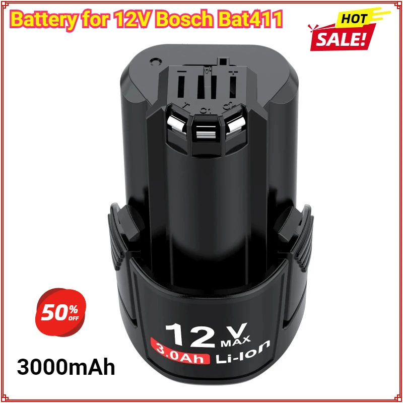 12V 3000mAh BAT411 Replacement Battery for Bosch 12V BOSCH BAT412A BAT413A D-70745GOP 2607336013 2607336014 PS20-2 Battery