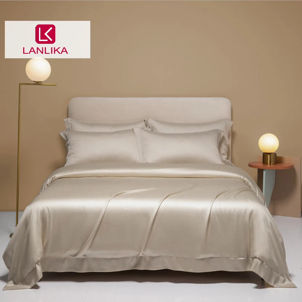 

Lanlika женский натуральный комплект постельного белья из 100% шелка Queen King Camel однотонный пододеяльник плоская простыня комплект постельного белья с наволочкой