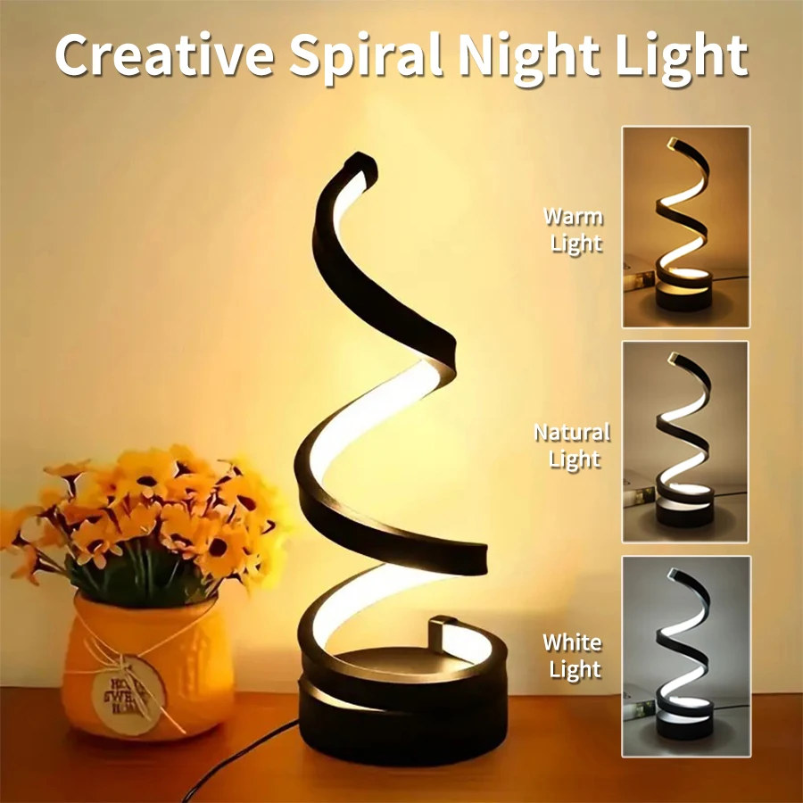 5V USB Simple Spiral LED Night Lamp 3 Colors Table Lamp Bedroom Bedside Desktop Nightstand Light Living Room Office Study Decor