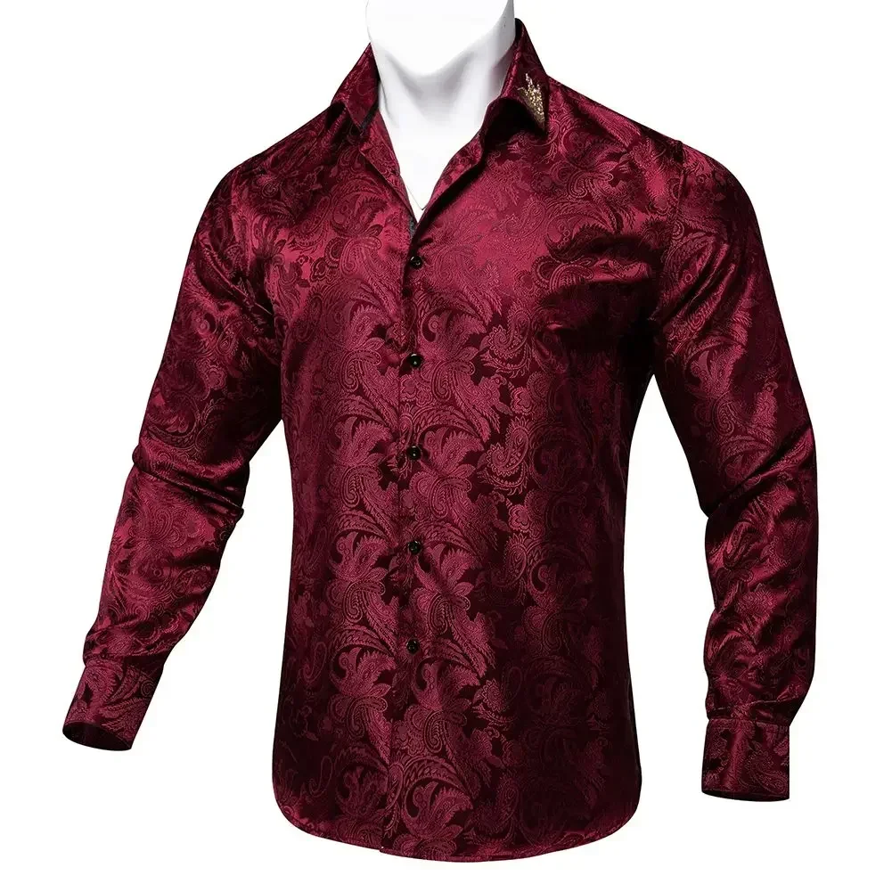 Fashion Men's Luxury Silky Printed Long Sleeve Lapel Collar Shirts Formal Tuxedo Wedding Party Shirt And Blouse Man Tops