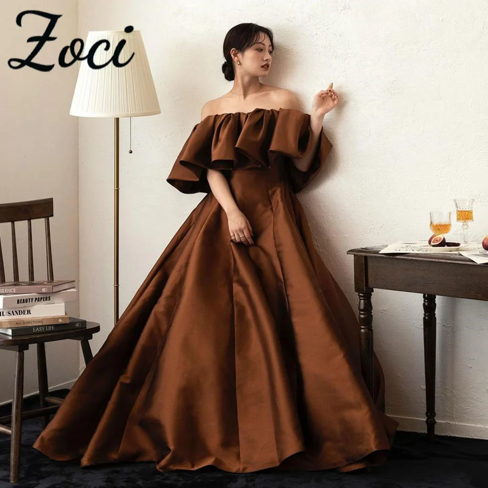 Zoci Off the Shoulder Draped Wedding Gown A-line Brown Satin Backless Japan Wedding Dresses for Bride Photo Shoot Customized