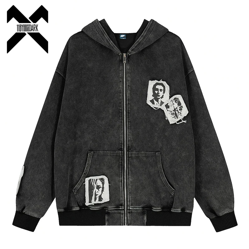 

Винтажная стираная куртка с капюшоном для мужчин и женщин Y2K, панк, готика, свободная толстовка на молнии, пальто, осень 2024, хлопковая уличная одежда в стиле Харадзюку
