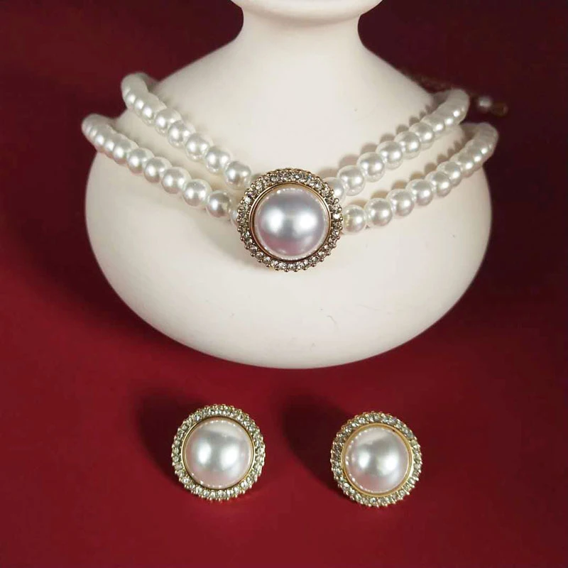 3pcs Fashion Double Layer Pearl Pendant Necklace Earrings Jewelry Set Ladies Banquet Wedding Jewelry Accessories Gift