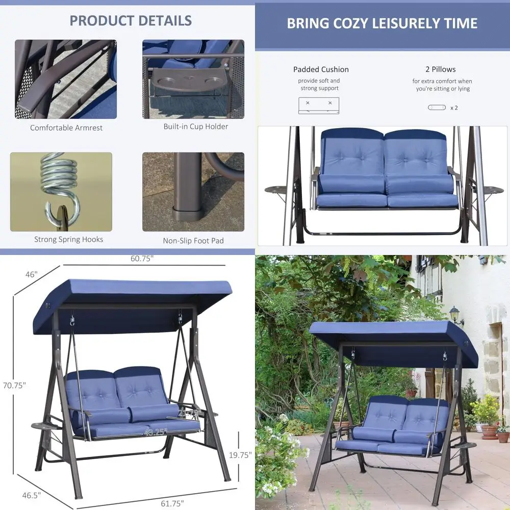 

Двухместная садовая качель-скамья с регулируемым навесом, мягкими подушками, декоративными подушками и подносом, синего цвета