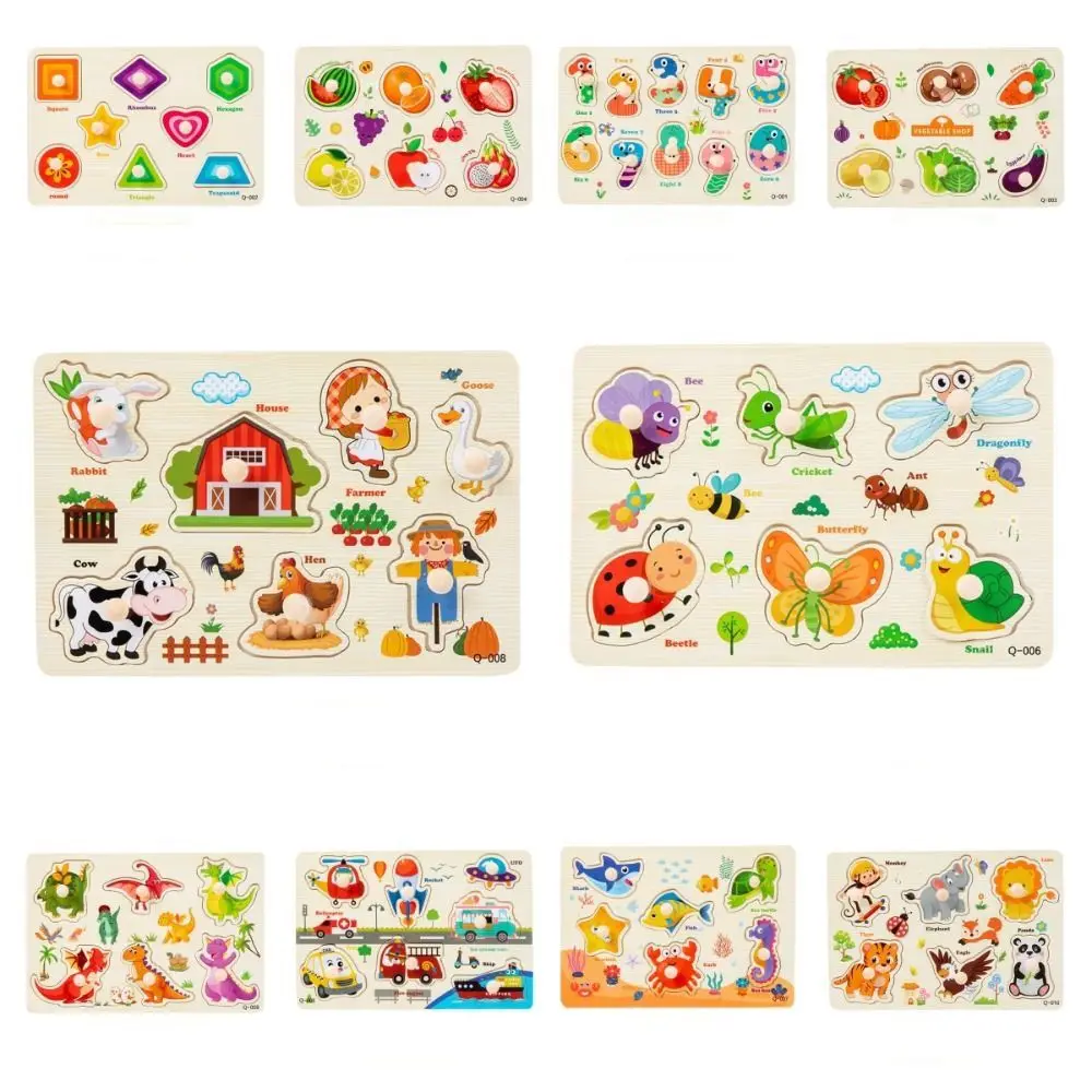 Jeu de société en bois pour enfants, puzzles de lettres, planches à main, véhicule, animaux, fruits, puzzles 3D, chiffres, jouet Montessori