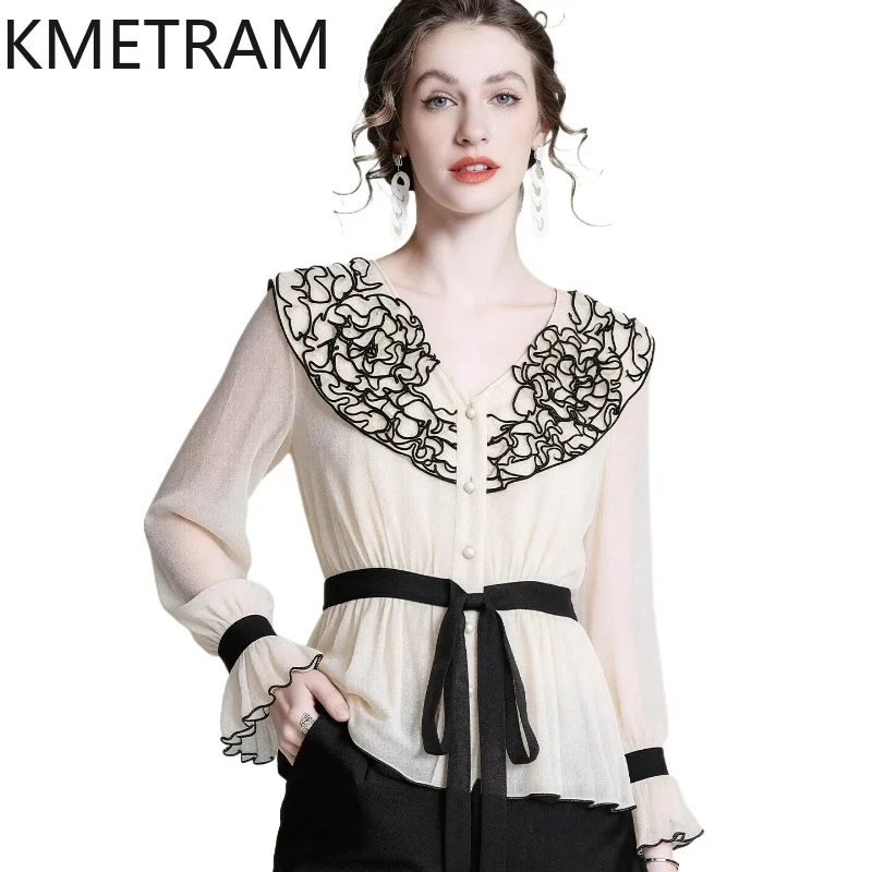 

KMETRAM Women Silk Shirt 100% Mulberry Silk Apricot V-neck Blouse Shirts and Camisole 2-Piece Set Woman Clothes 2026 рубашка