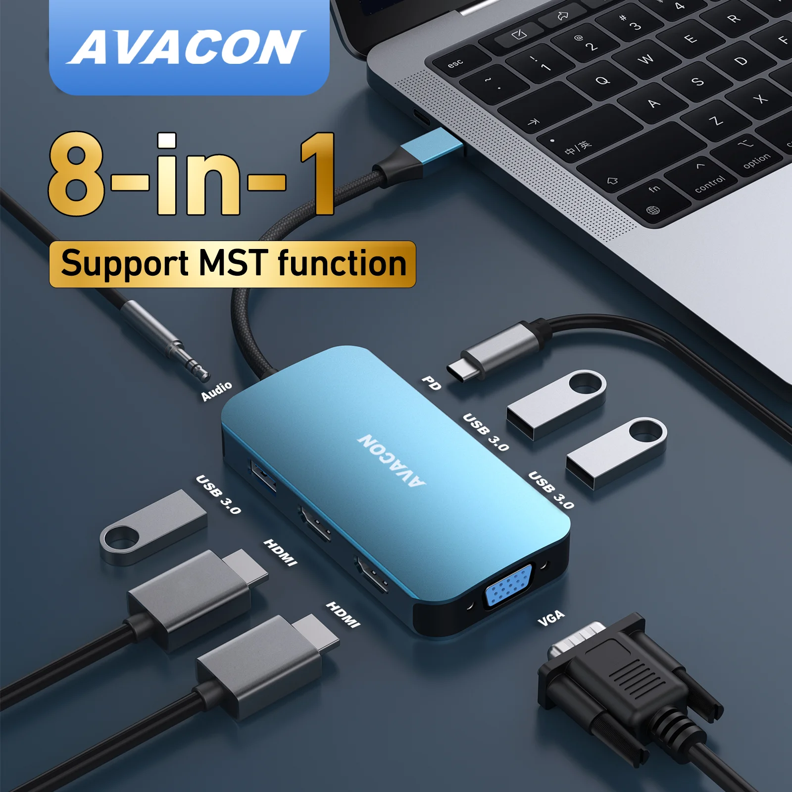 AVACON USB C HUB 8in1 with 2*HDMI/1*VGA/3*USB 3.0/100W PD/3.5mm Aux Audio, Compatible with iPhone 15 series,MacBook Pro and More