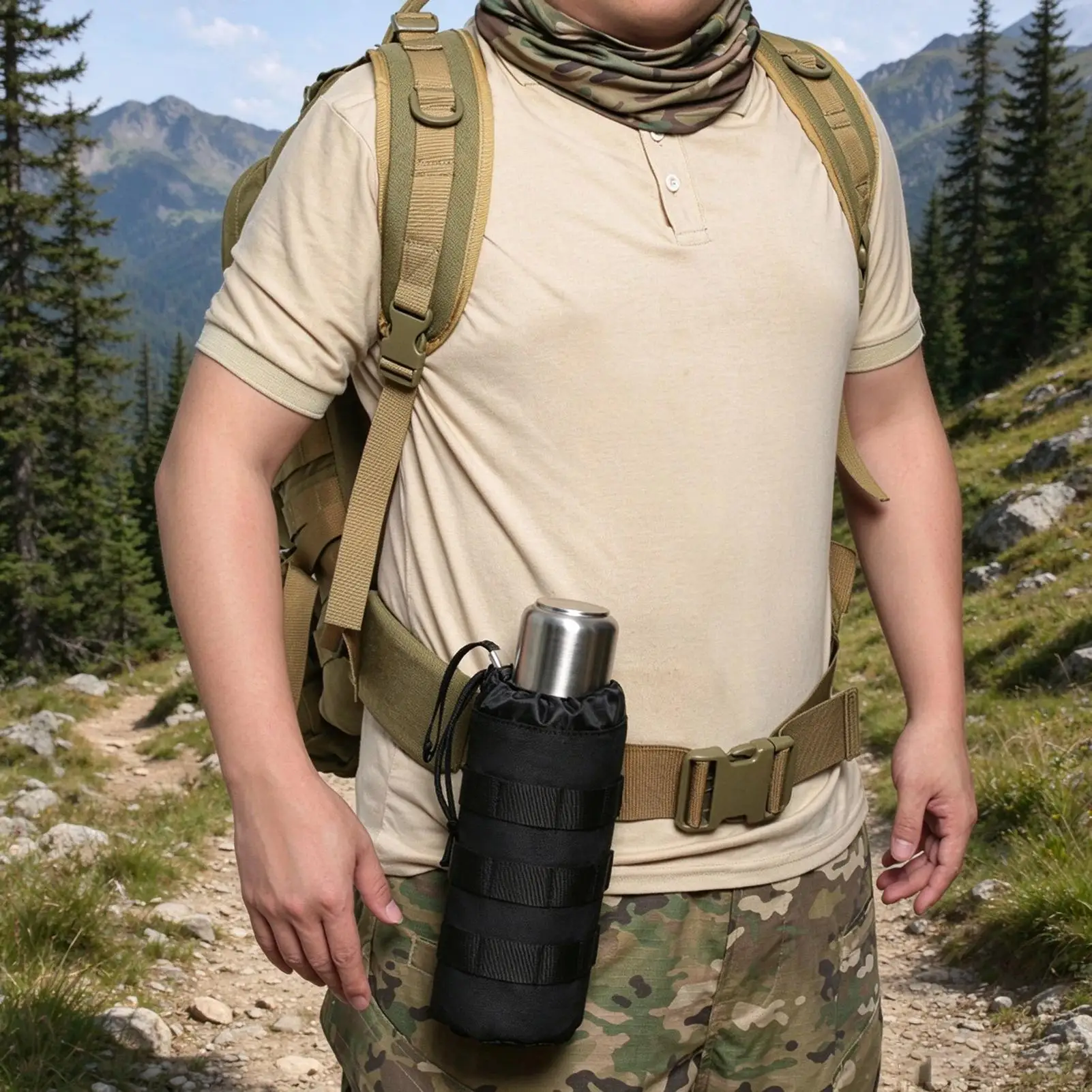 Water Bottle Backpack Carrier Drawstring Sling Pouch Attachment With Carabiner Water Bottle Bag Holder For Mountaineering Gym