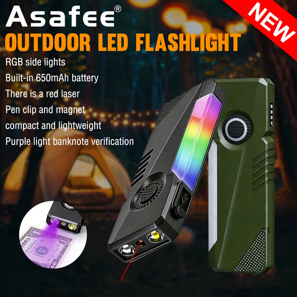Asafee K02 Rechargeble Flashlight With Magnet 400LM 11 Modes UV Detection RGB Waterproof EDC Small Torch For Camping Emergency